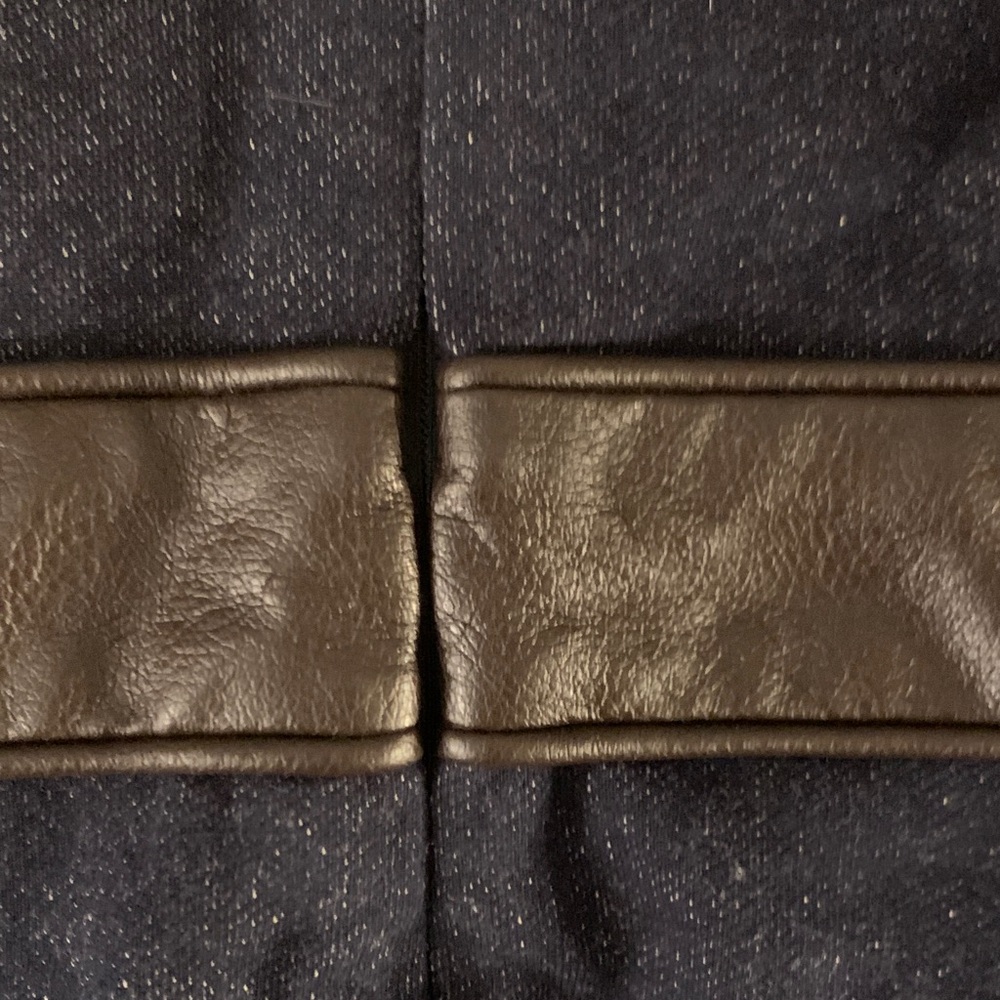 Tory Burch dark blue denim dress with gold button accents & brown leather trim. - Picture 11 of 14